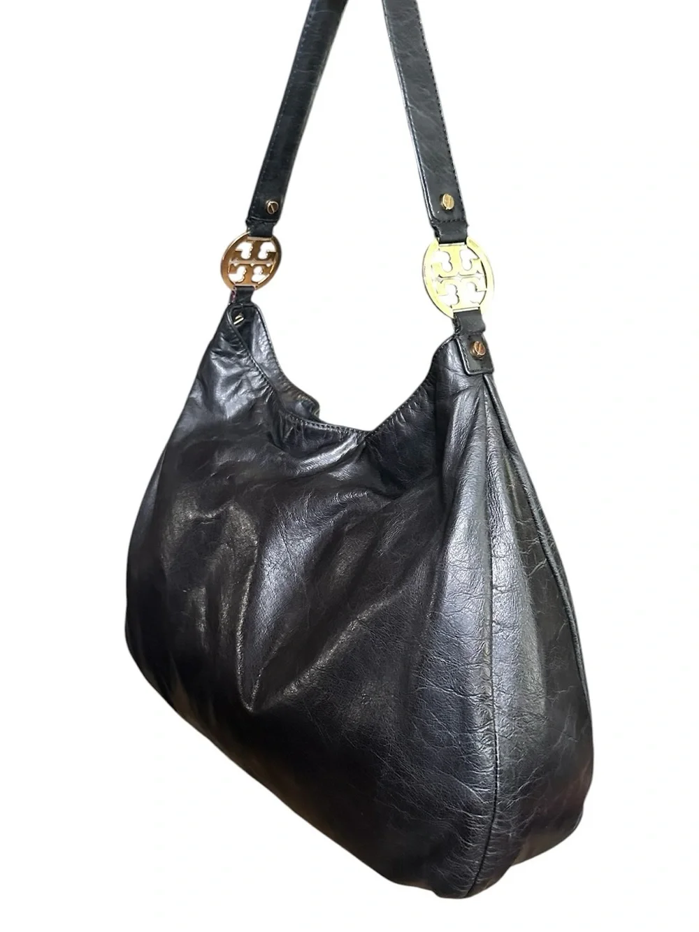 Tory Burch Black Leather Hobo Shoulder Bag Gold Logo Medallions VGUC